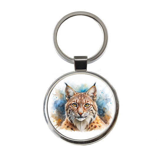Bobcat Watercolor Design Round Metal Keychain