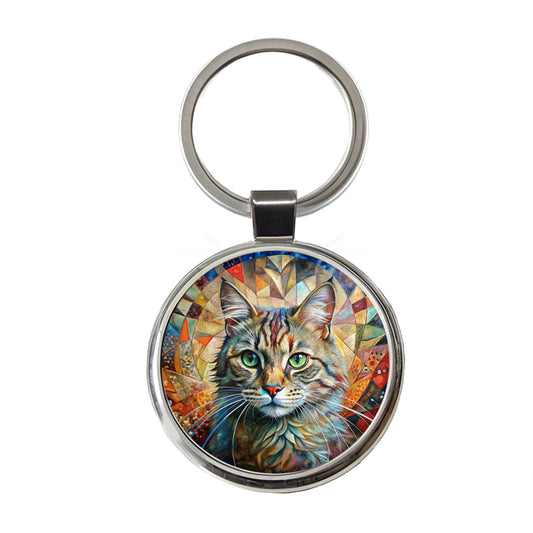 Cute Tabby Cat Abstract Art Round Metal Keychain