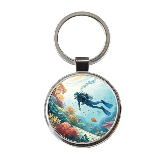 Diving Diver Exploring Underwater Round Metal Keychain
