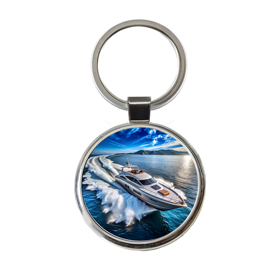 High-Performance Boat At Sea Round Metal Keychain