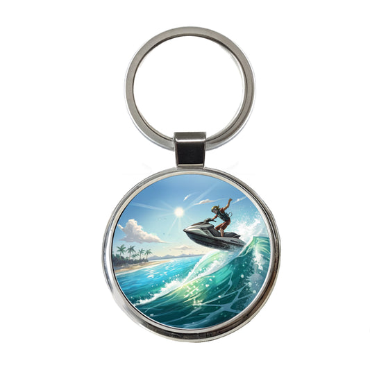 Jet Ski Skiing at Tropical Beach Round Metal Keychain