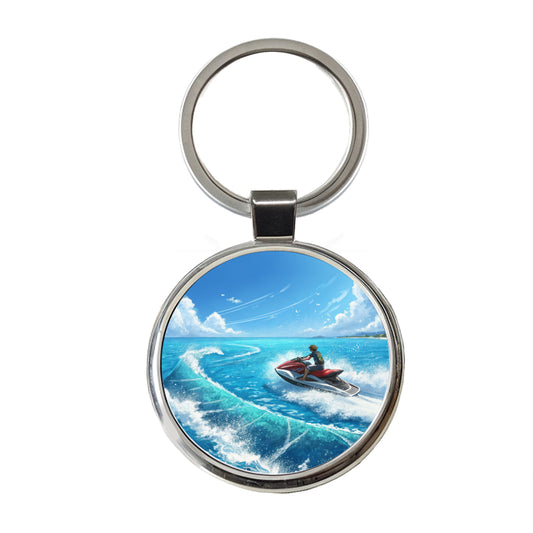 Jet Ski Skiing On Vacation Round Metal Keychain