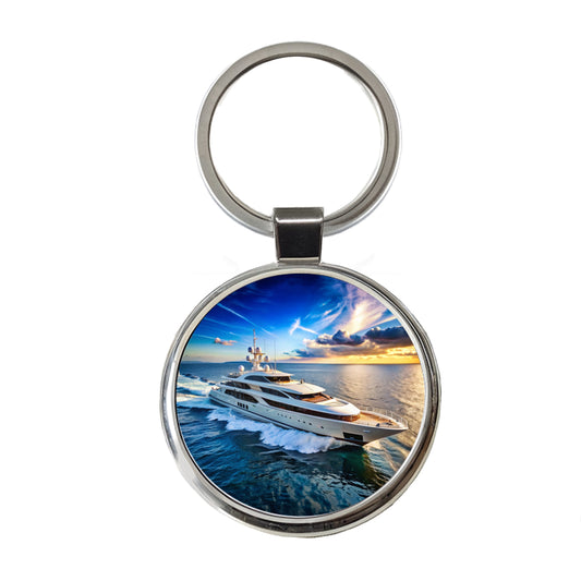 Luxury Yacht Ship At Sea Round Metal Keychain