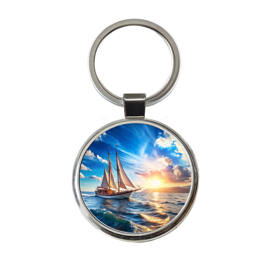 Sailboat On The Ocean Round Metal Keychain