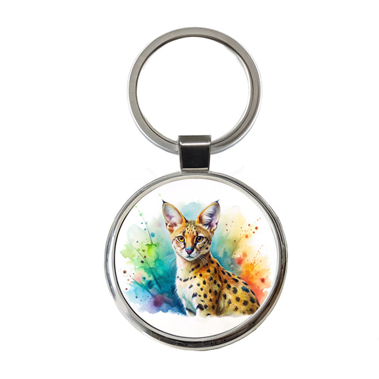 Serval Wild Cat Watercolor Design Round Metal Keychain
