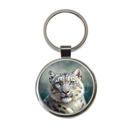 Snow Leopard Illustration Round Metal Keychain