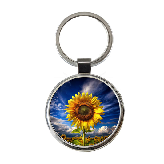 Sunflower Against a Deep Blue Sky Round Metal Keychain