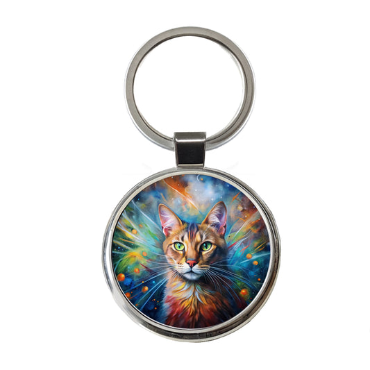 Tabby Cat Abstract Art Color Explosion Round Metal Keychain