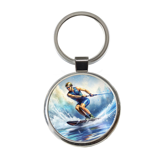 Water Ski Skiing Round Metal Keychain