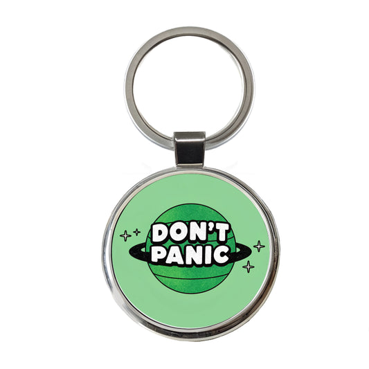 Don't Panic Funny Saying With Planet Round Metal Keychain