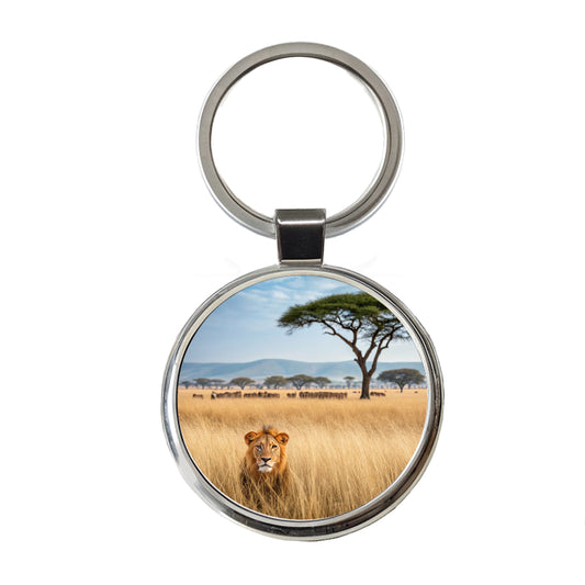 African Safari Lion Round Metal Keychain