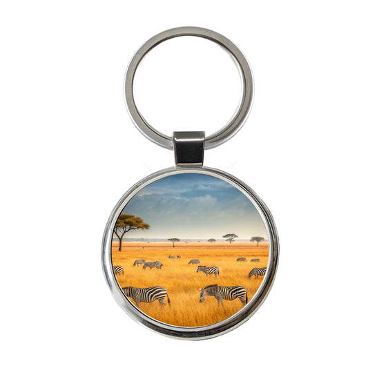 African Safari Zebras Round Metal Keychain
