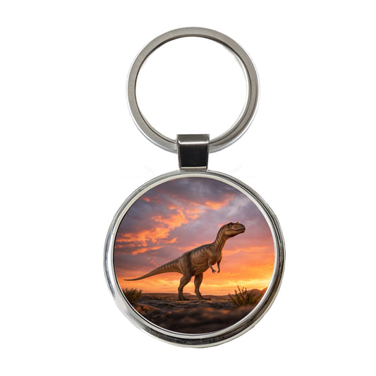 Allosaurus Standing Sunset Dinosaur Round Metal Keychain