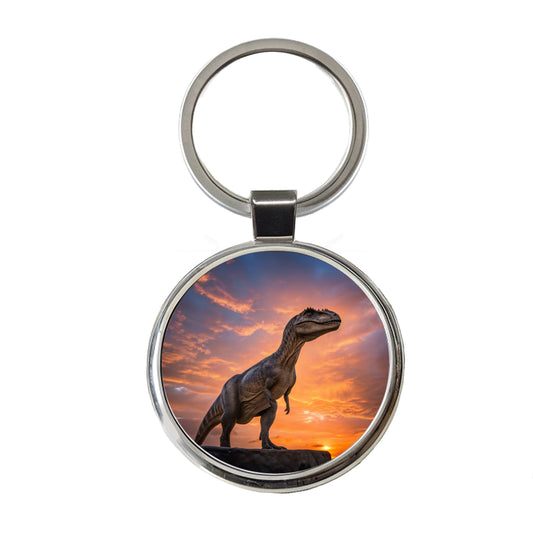 Allosaurus Sunset Dinosaur Round Metal Keychain