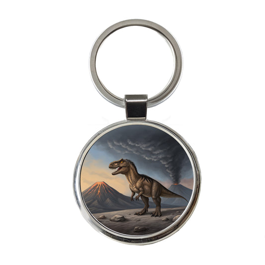 Allosaurus Two Volcanos Dinosaur Round Metal Keychain