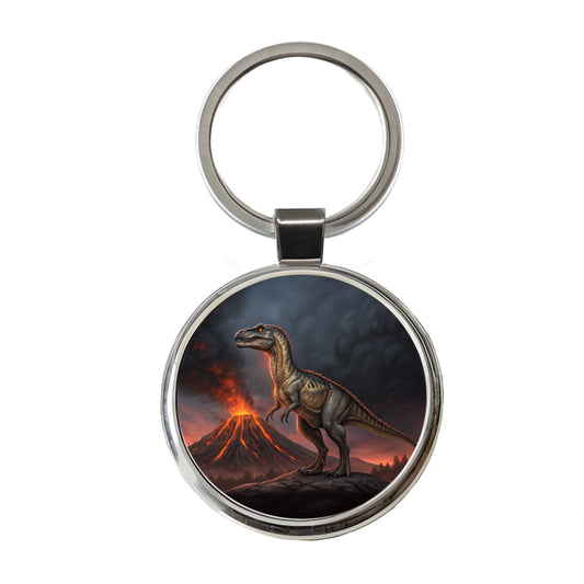 Allosaurus Volcano Dinosaur Round Metal Keychain