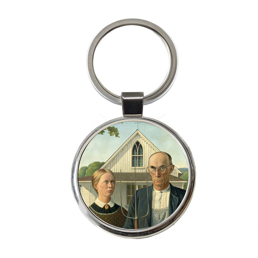 American Gothic Grant Wood Painting Inspired Round Metal Keychain