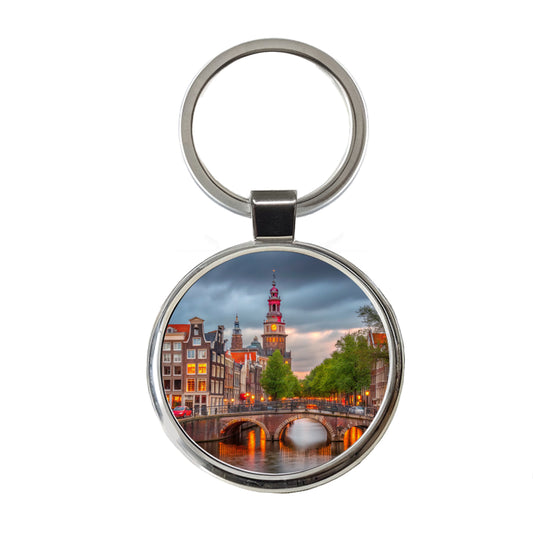 Amsterdam Netherlands At Sunset Round Metal Keychain