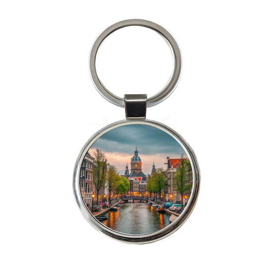 Amsterdam Netherlands Twilight Canals Round Metal Keychain