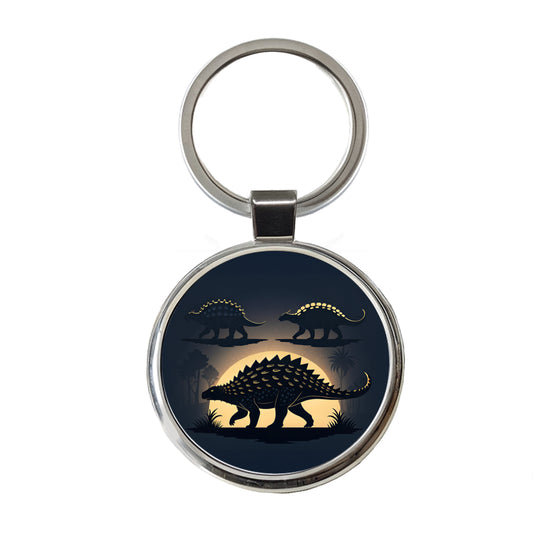 Ankylosaurus Silhouettes Walking Dinosaurs Round Metal Keychain