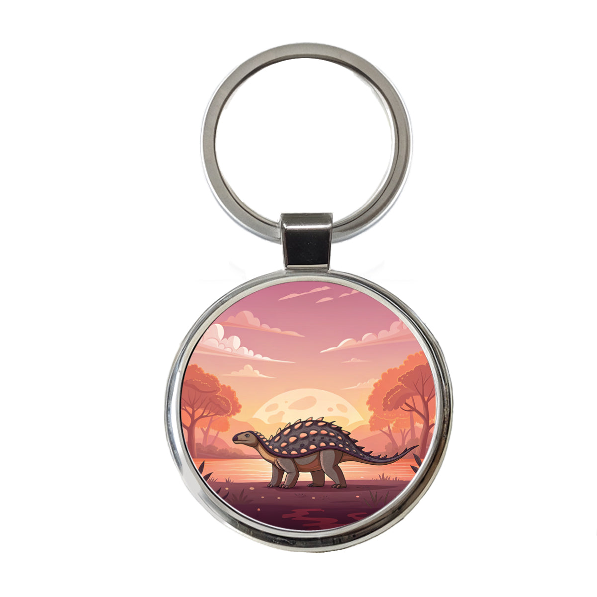 Ankylosaurus Sunset Dinosaur Round Metal Keychain