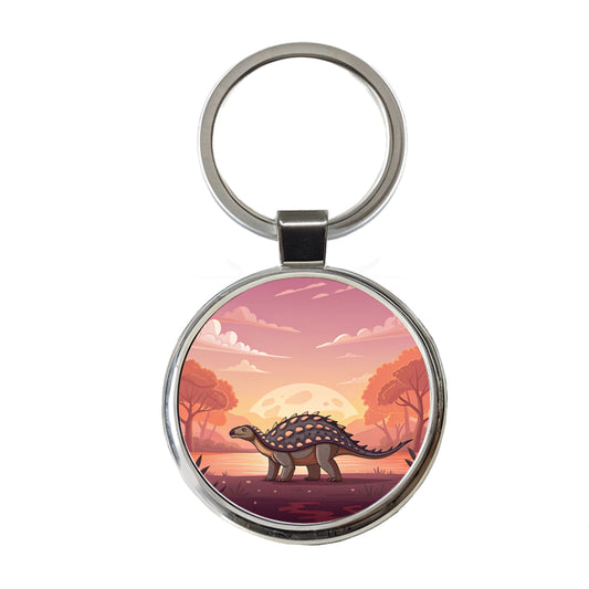 Ankylosaurus Sunset Dinosaur Round Metal Keychain