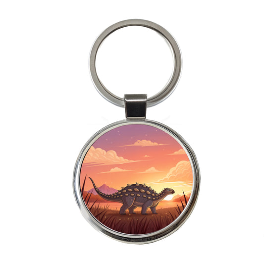 Ankylosaurus Sunset Sunrise Dinosaur Round Metal Keychain