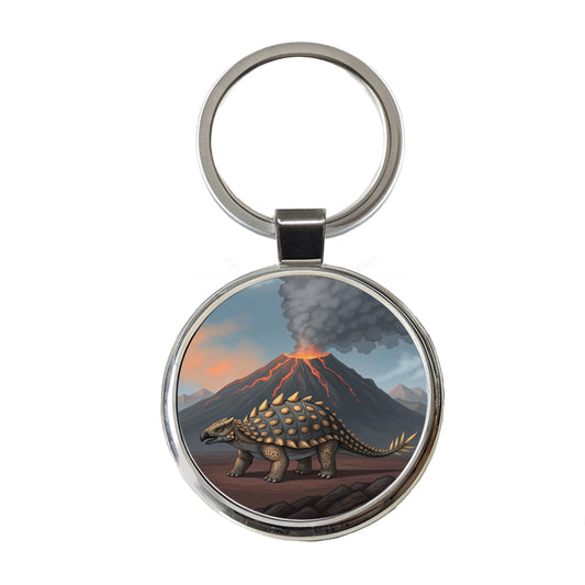 Ankylosaurus Volcano Erupting Dinosaur Round Metal Keychain