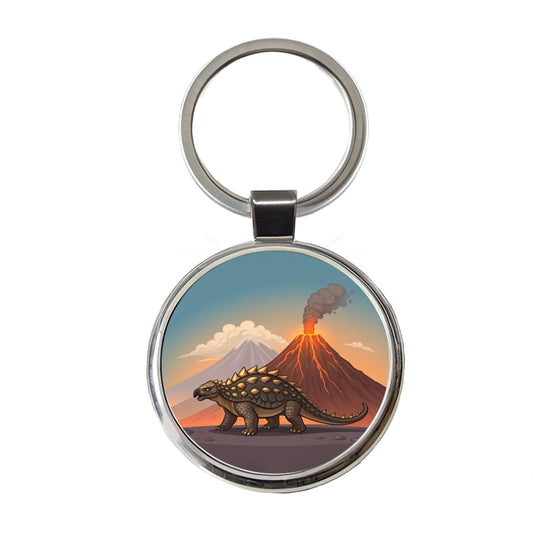 Ankylosaurus Volcanos Dinosaur Round Metal Keychain