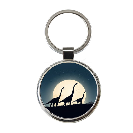 Apatosaurus Silhouettes Moon Night Dinosaurs Round Metal Keychain