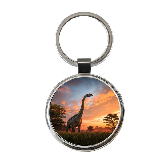 Apatosaurus Sunset Sunrise Dinosaur Round Metal Keychain
