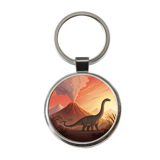 Apatosaurus Volcano Round Metal Keychain