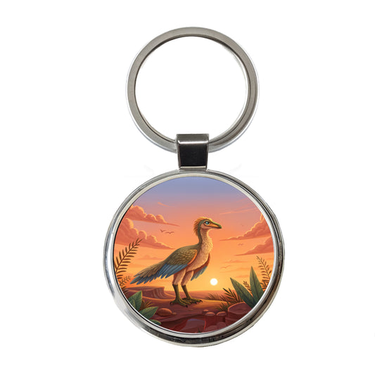 Archaeopteryx Standing Sunset Dinosaur Round Metal Keychain