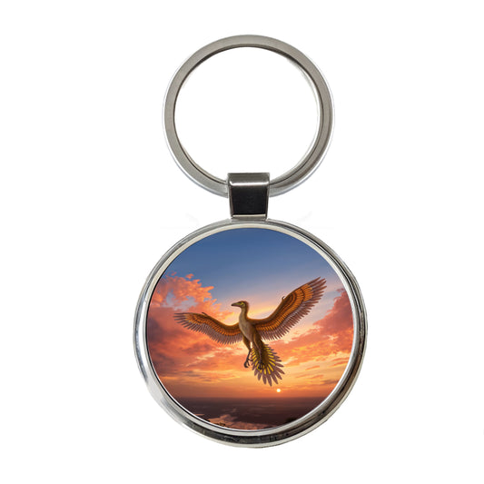 Archaeopteryx Sunset Dinosaur Round Metal Keychain