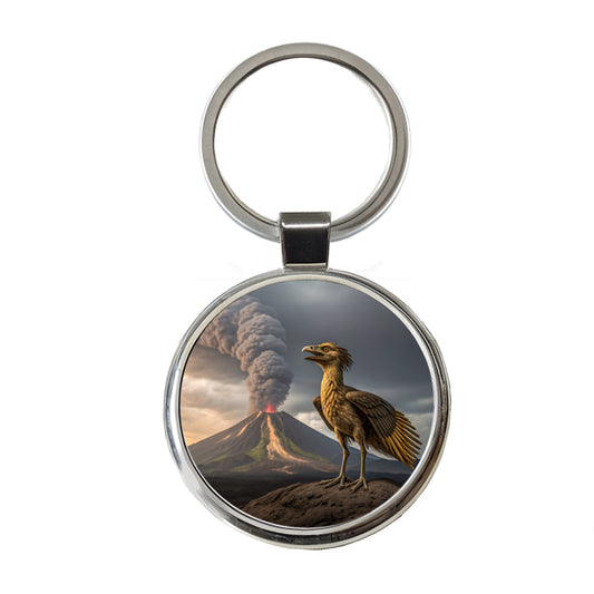 Archaeopteryx Volcano Dinosaur Round Metal Keychain