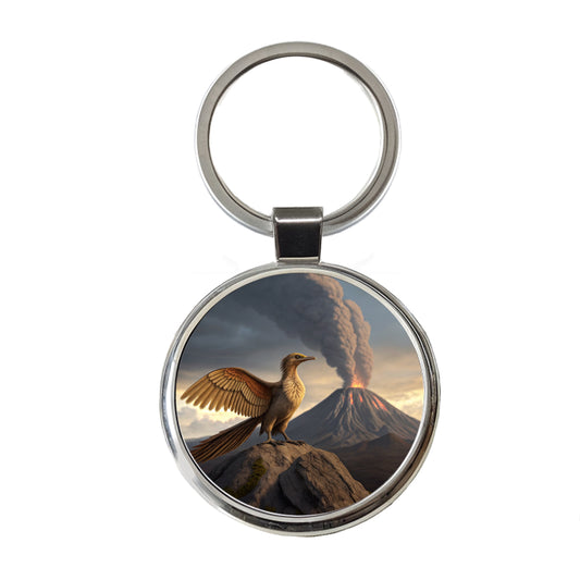 Archaeopteryx Volcano Erupting Dinosaur Round Metal Keychain