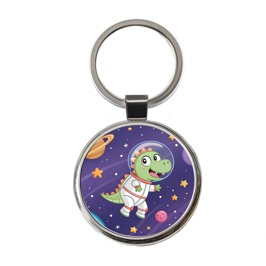 Astronaut Dinosaur Floating Outer Space Planets Round Metal Keychain