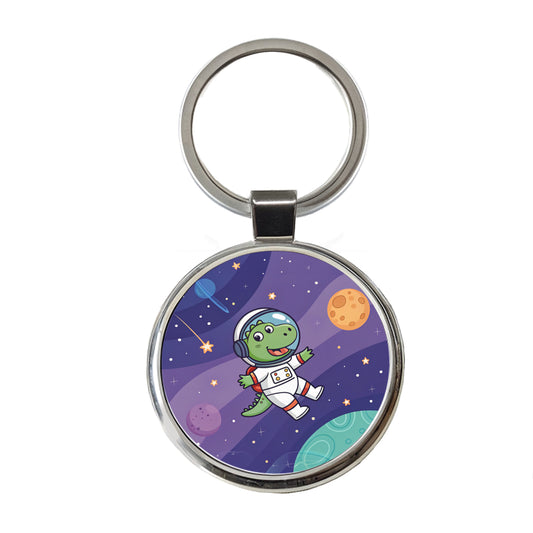 Astronaut Dinosaur In Space Suit Planets Round Metal Keychain