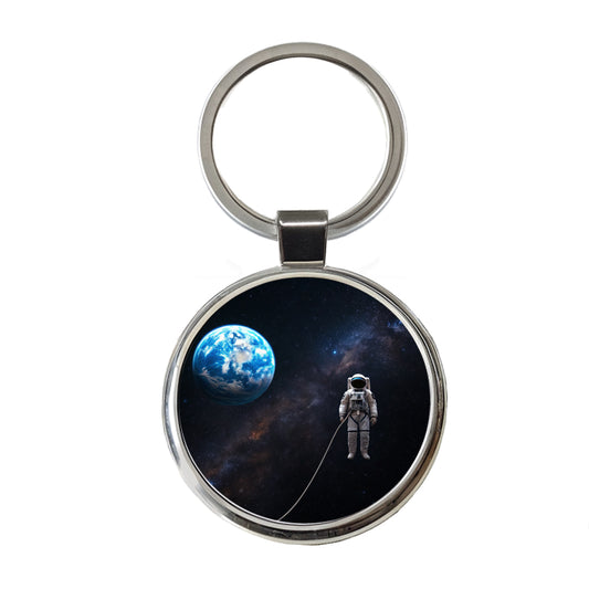 Astronaut Drifting In Space Earth Round Metal Keychain