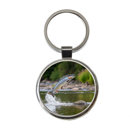 Atlantic Salmon Fish Jumping Fishing River Round Metal Keychain
