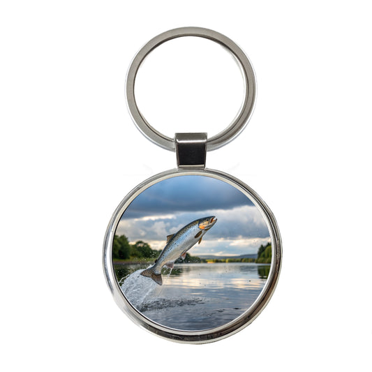 Atlantic Salmon Fish Jumping Fishing Round Metal Keychain