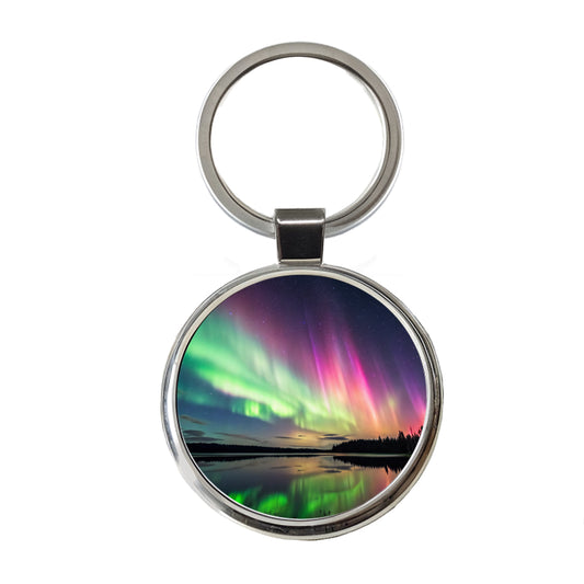Aurora Borealis Northern Lights Over Lake Round Metal Keychain