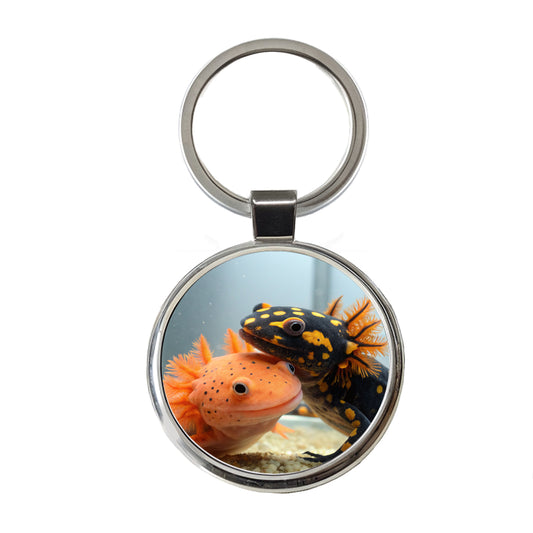 Axolotls Hugging Round Metal Keychain