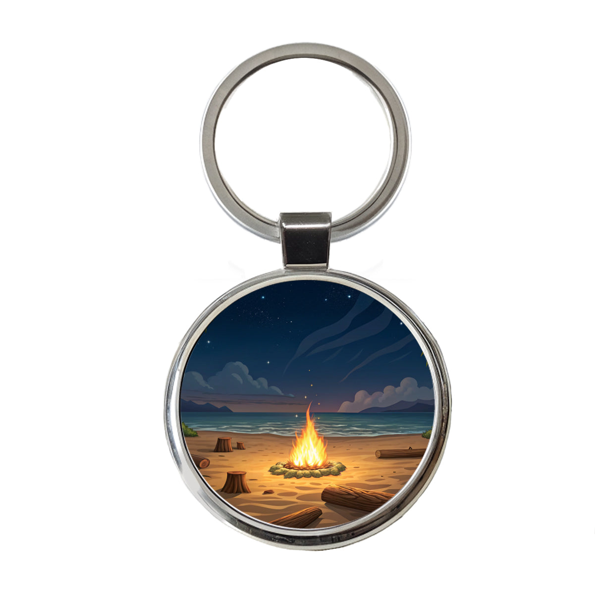 Beach Bonfire Drawing Round Metal Keychain