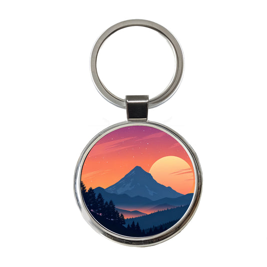 Beautiful Mountain Sunset Round Metal Keychain