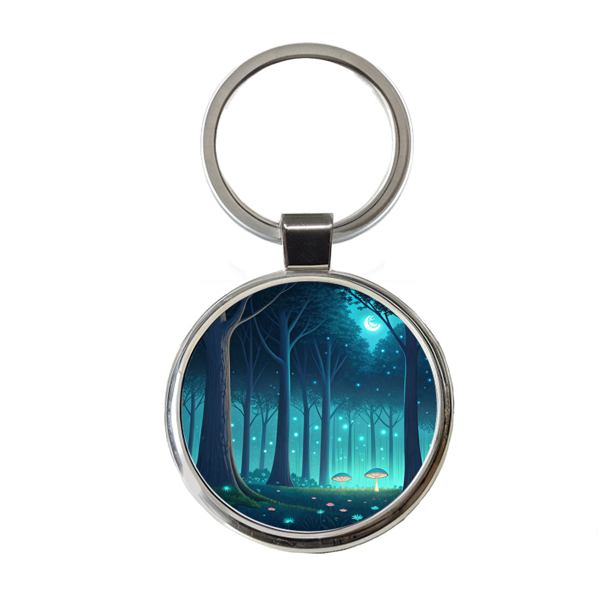 Bioluminescent Forest Night Round Metal Keychain