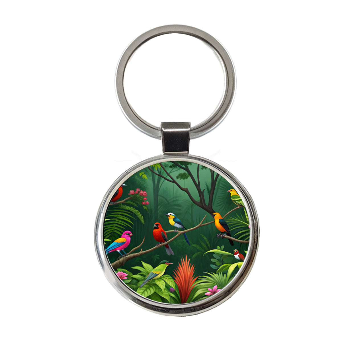 Birds In Jungle Trees Ferns Round Metal Keychain