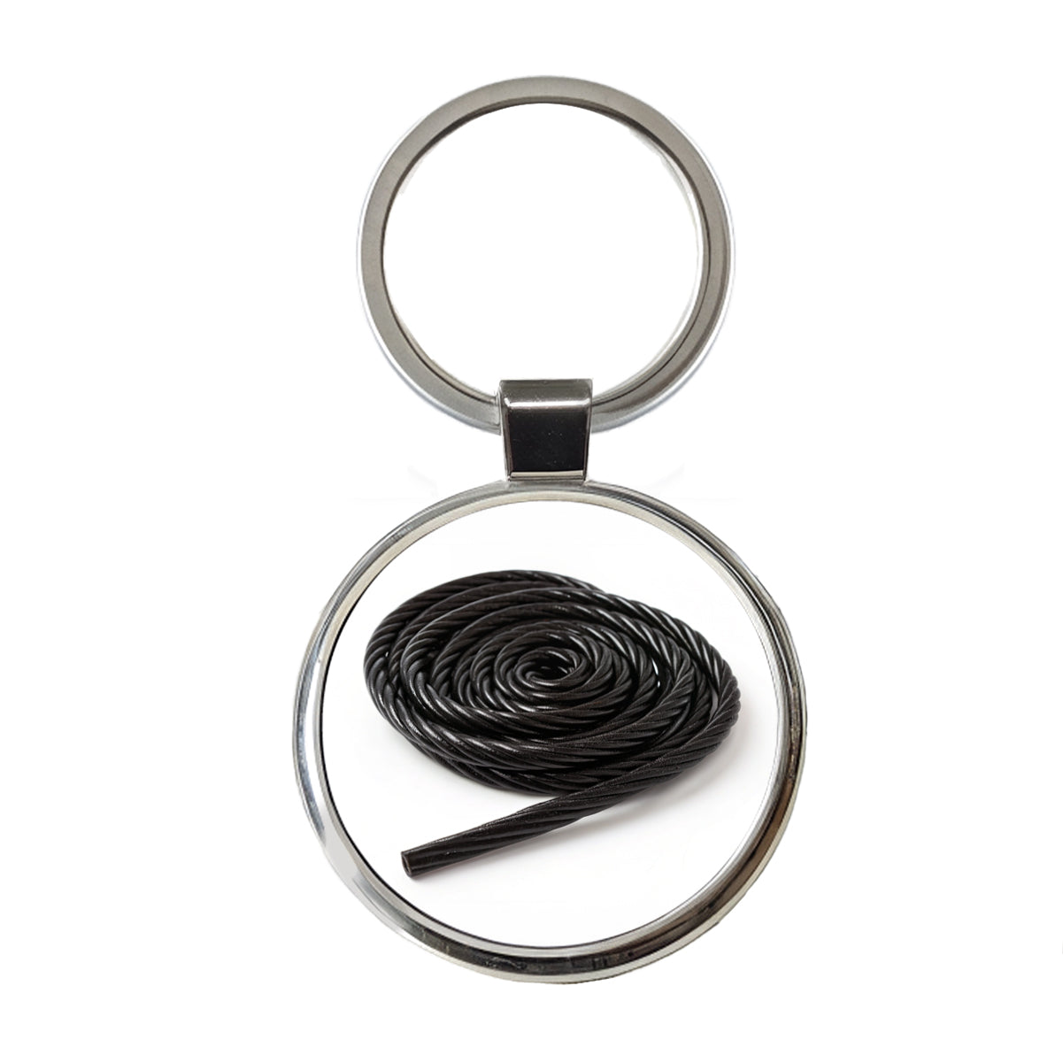 Black Licorice Rope Round Metal Keychain
