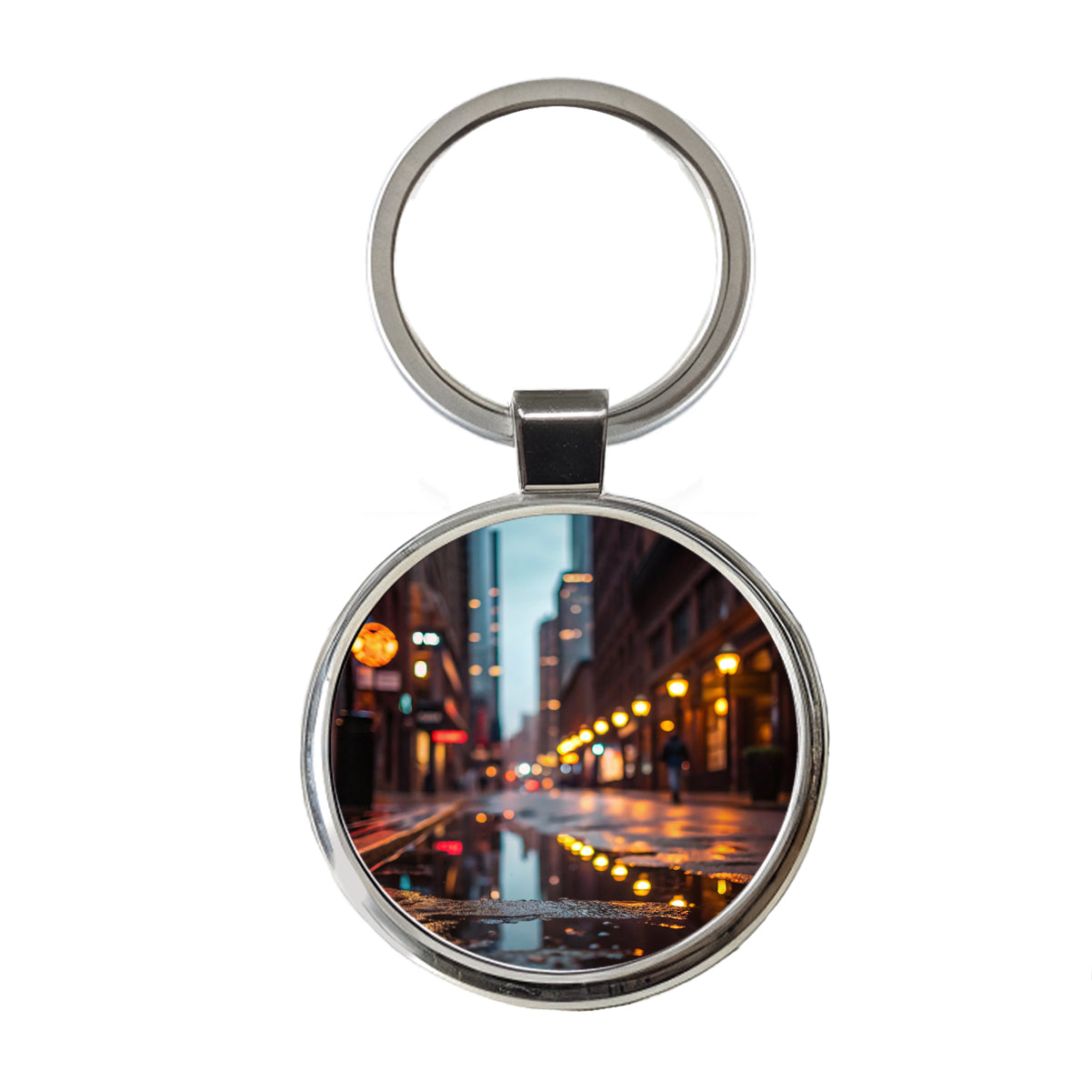 Blurred Lights Buildings City Rainy Street Round Metal Keychain