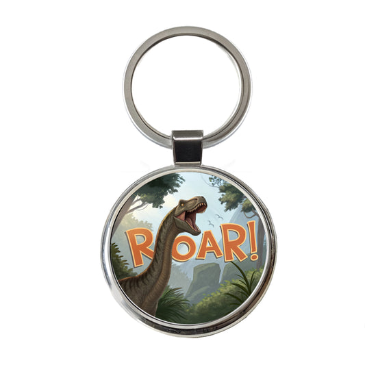 Brachiosaurus Roar Bold Text Dinosaur Round Metal Keychain